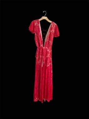 The Jetset Diaries Red Lace Plunge Maxi Robe with Tie Waist